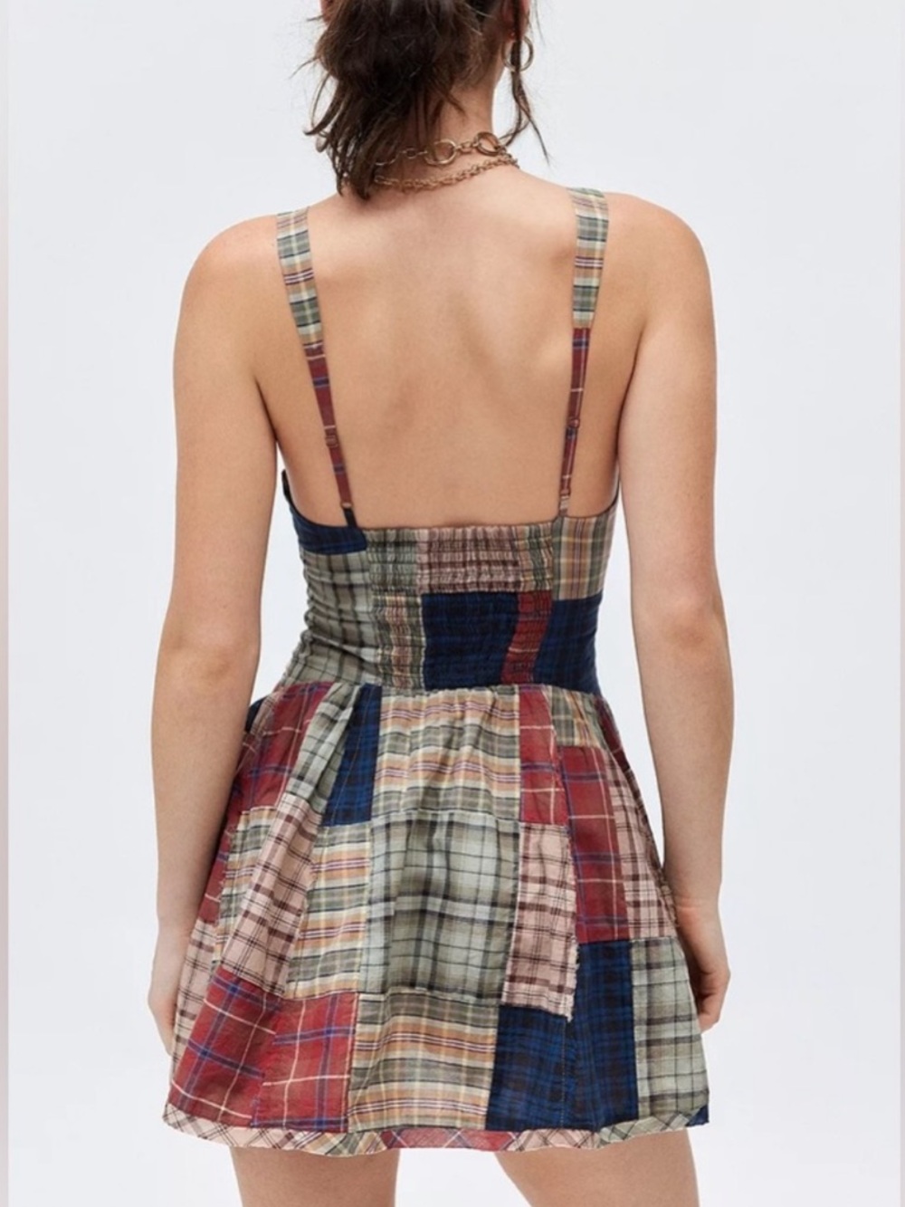 UO BDG Bryn Fit & Flare Mini Dress - Plaid Patchwork Cotton Plunge Dress - Picture 3 of 4